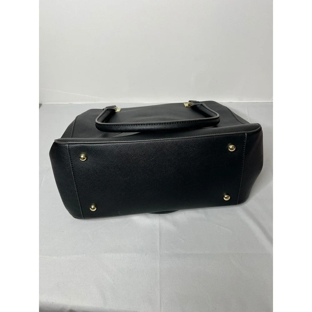 Anne Klein Black Faux Leather Tote Bag Polka Dot Lining Gold HW Satchel Purse